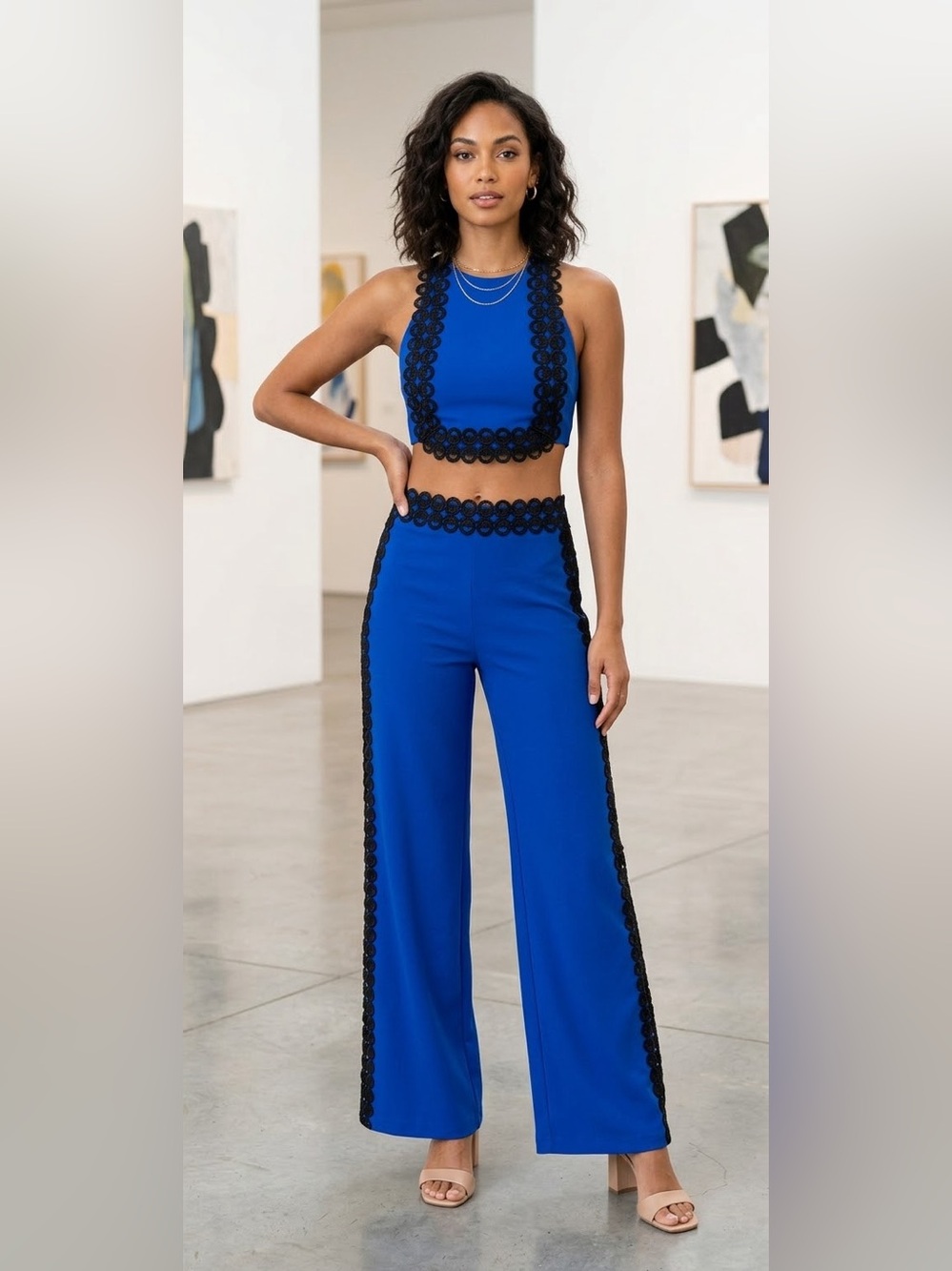 Blue Two-Piece Lace-Trim Jumpsuit Set